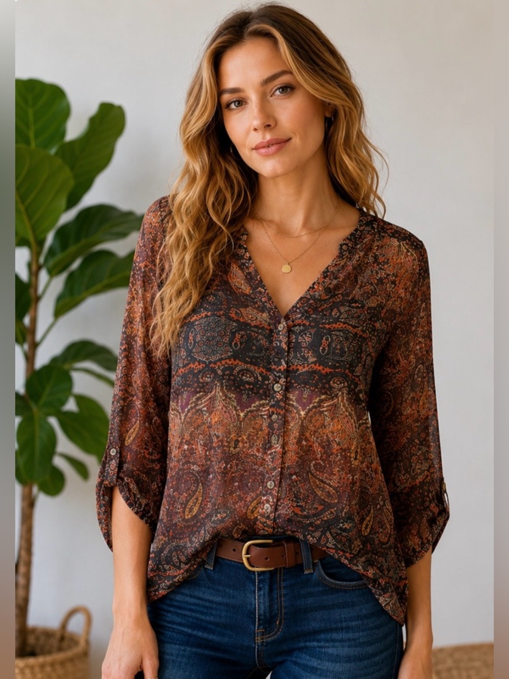 Buffalo David Bitton Boho Paisley Crochet Back Blouse | Sheer Festival Top | Sm